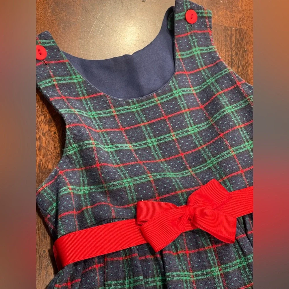 Nursery Rhyme 3T girls blue green‎ plaid jumper dress-red grosgrain bow VTG
